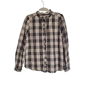 Women's LOFT Black & White Plaid Button Down Blouse w/ Ruffle Trim | Size Small